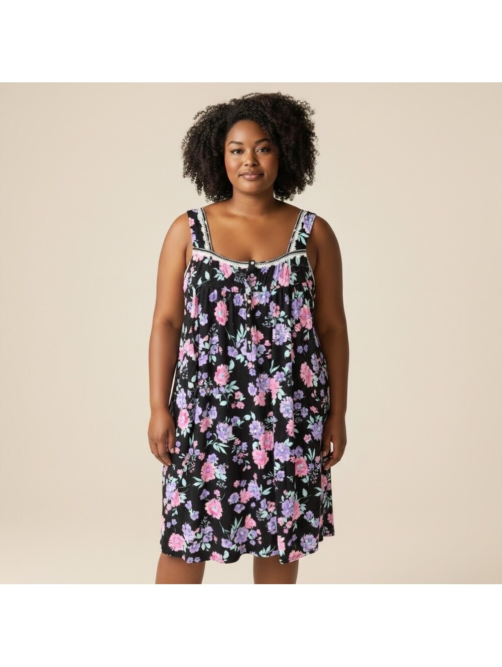 Aria Night Gown Women 3X Plus Black Floral Sleeveless Button Sleepwear